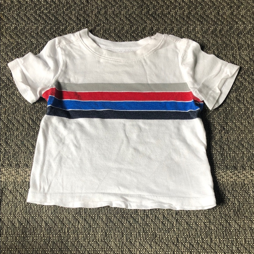 Old Navy White Short Sleeve Tee with Red, Blue & Gray Stripes
